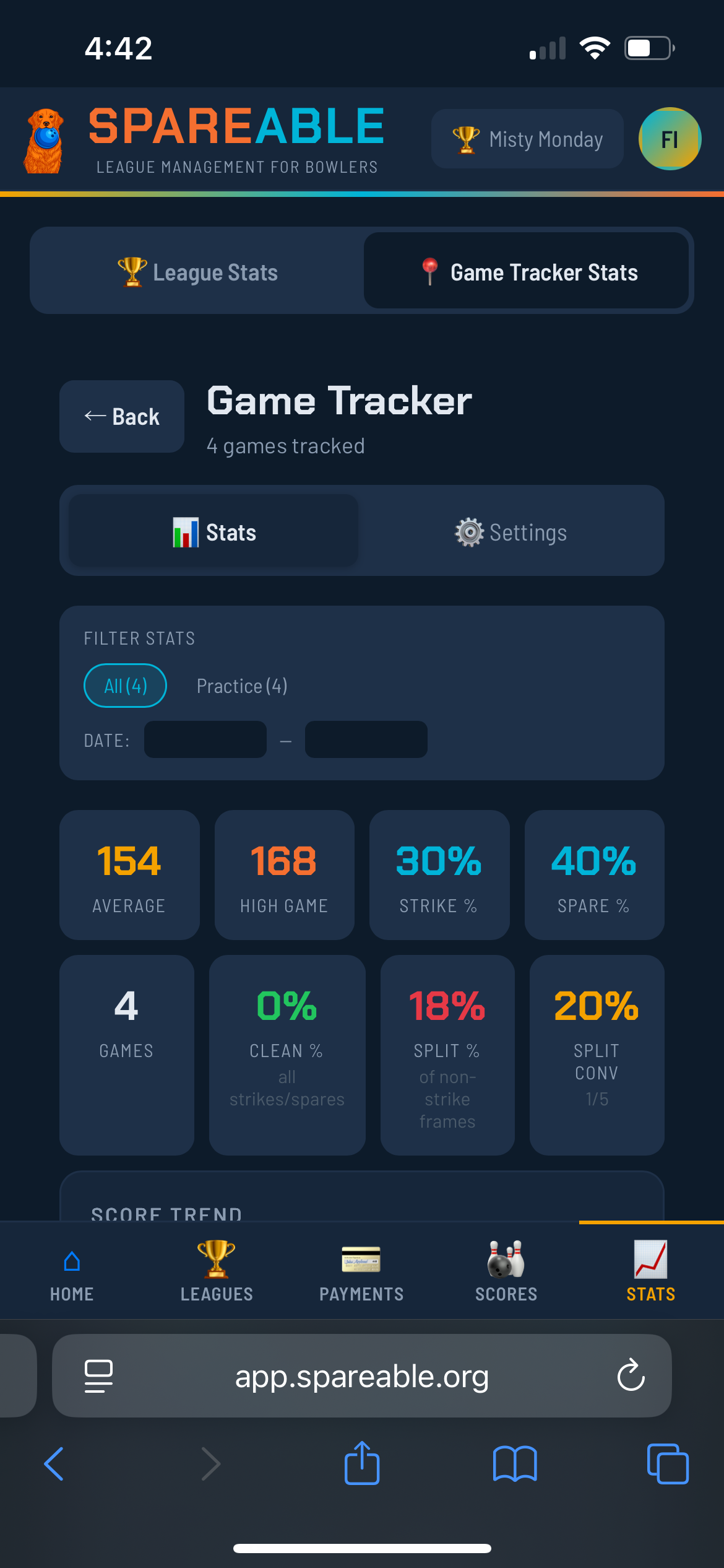 Game Tracker Stats — averages, strike rate, spare conversion
